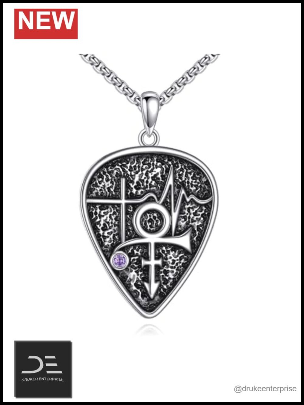 Sterling Silver Guitar Pick Necklace, Prince Symbol Pendant Jewelry